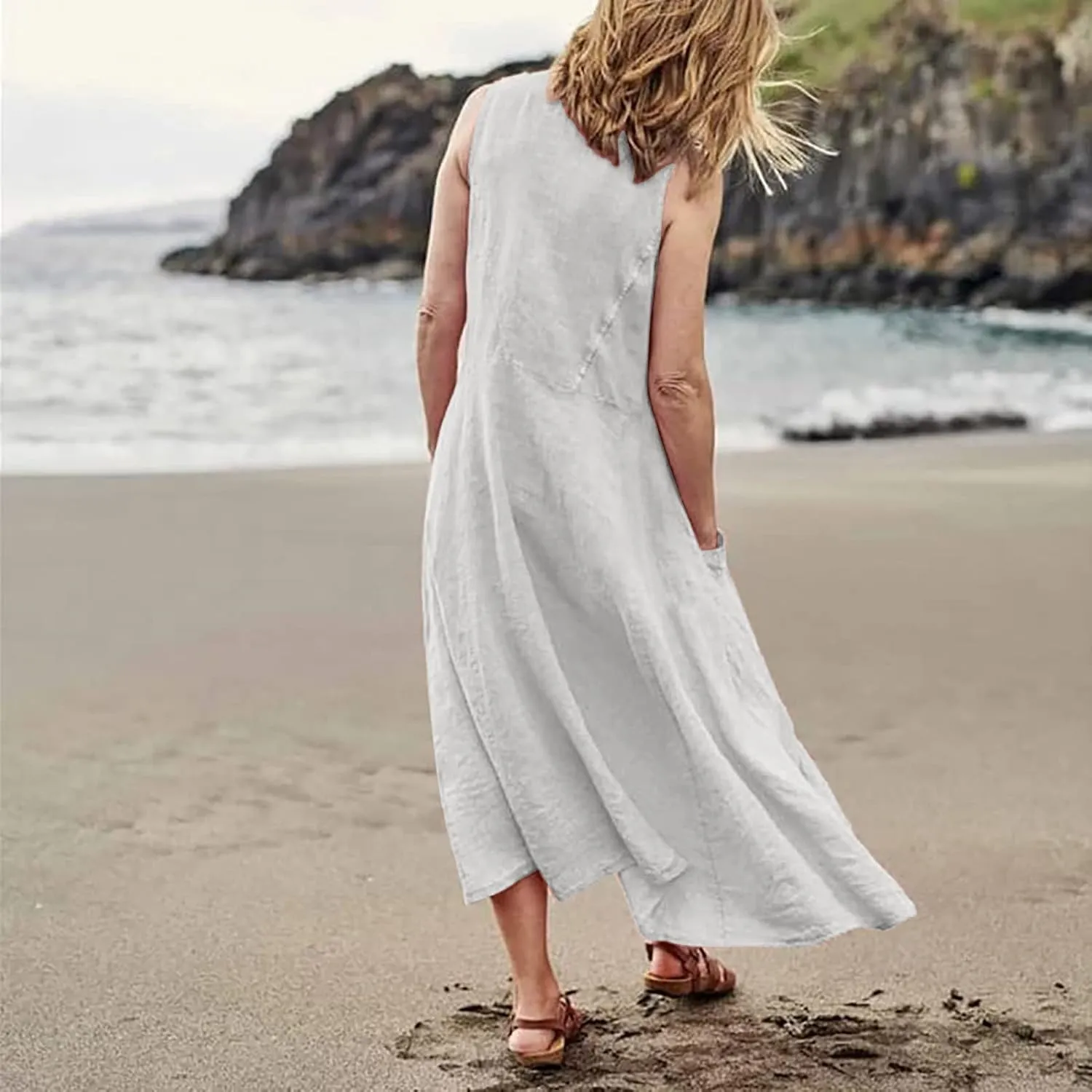 HXHYQKP Dress for Women 2024 Summer Tank Dress Sleeveless Loose Scoop Neck Long Flowy Beach Swing Sundress with Pocket