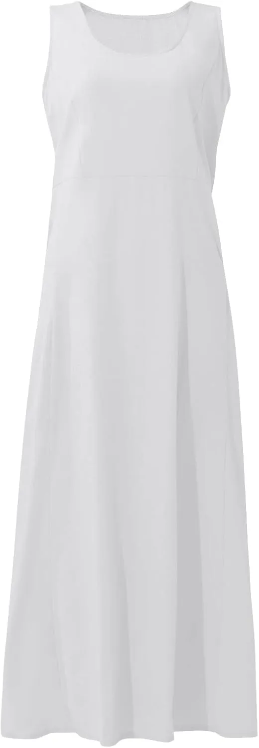 HXHYQKP Dress for Women 2024 Summer Tank Dress Sleeveless Loose Scoop Neck Long Flowy Beach Swing Sundress with Pocket