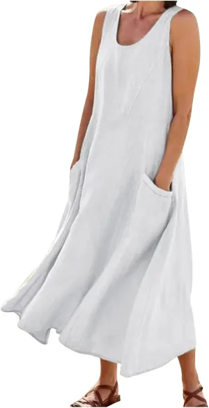 HXHYQKP Dress for Women 2024 Summer Tank Dress Sleeveless Loose Scoop Neck Long Flowy Beach Swing Sundress with Pocket