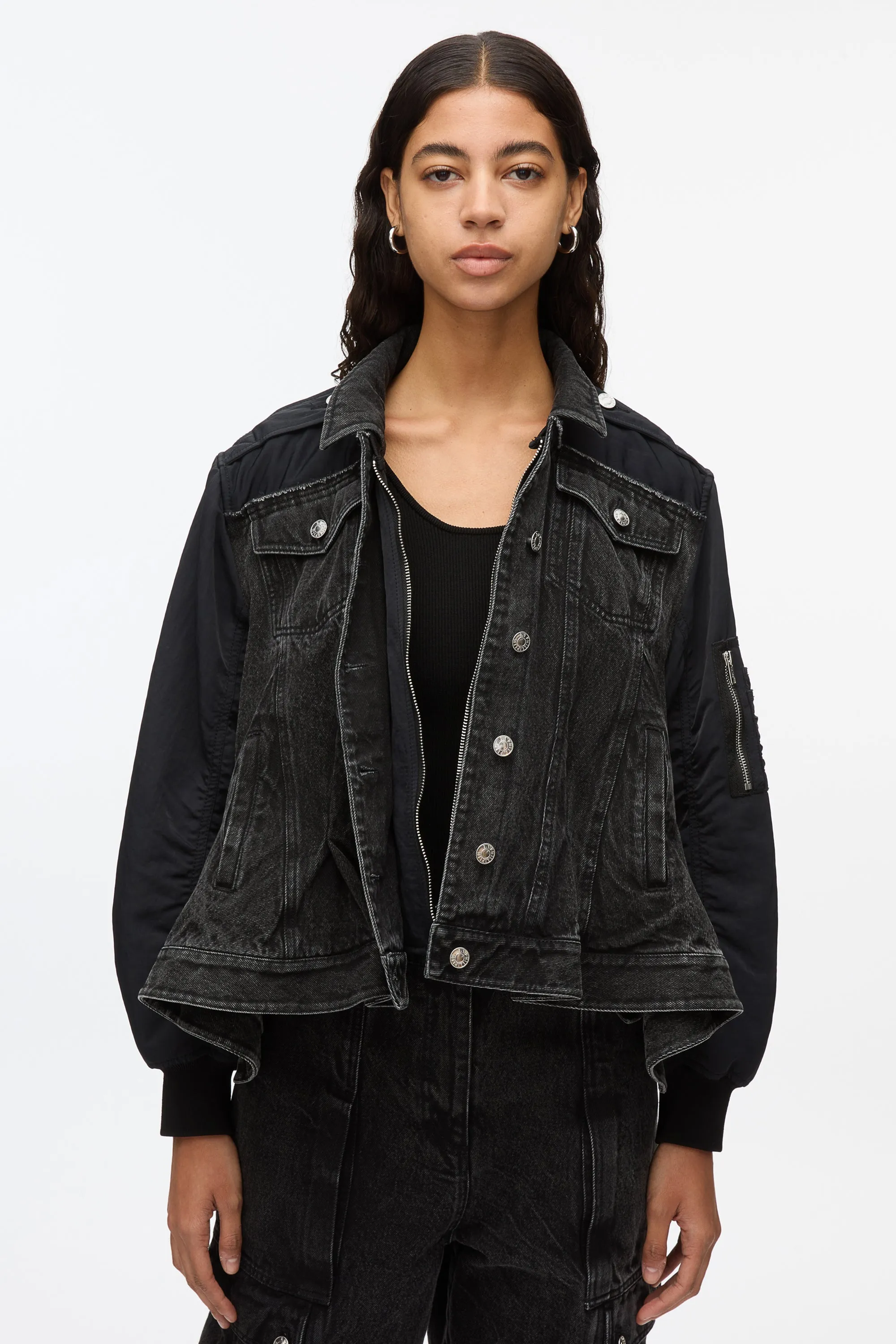 Hybrid Denim Flight Jacket With Flounce Hem