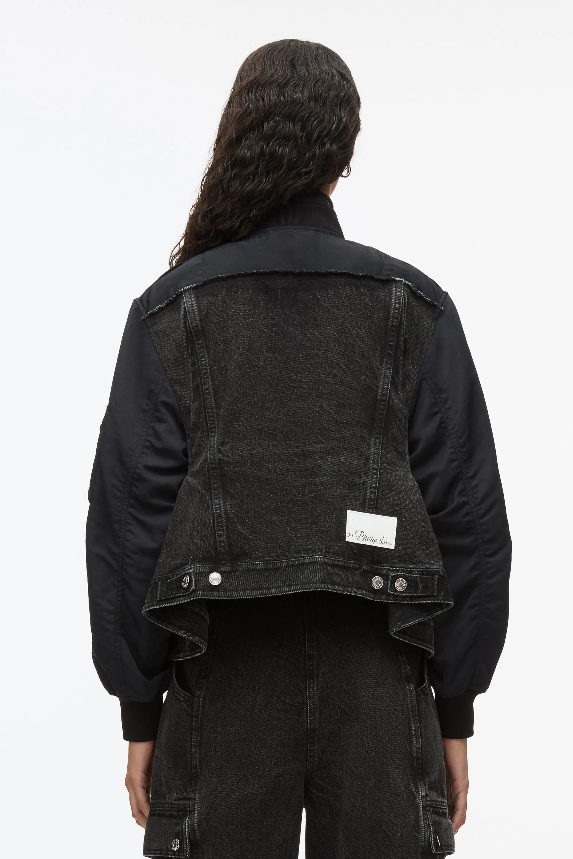 Hybrid Denim Flight Jacket With Flounce Hem