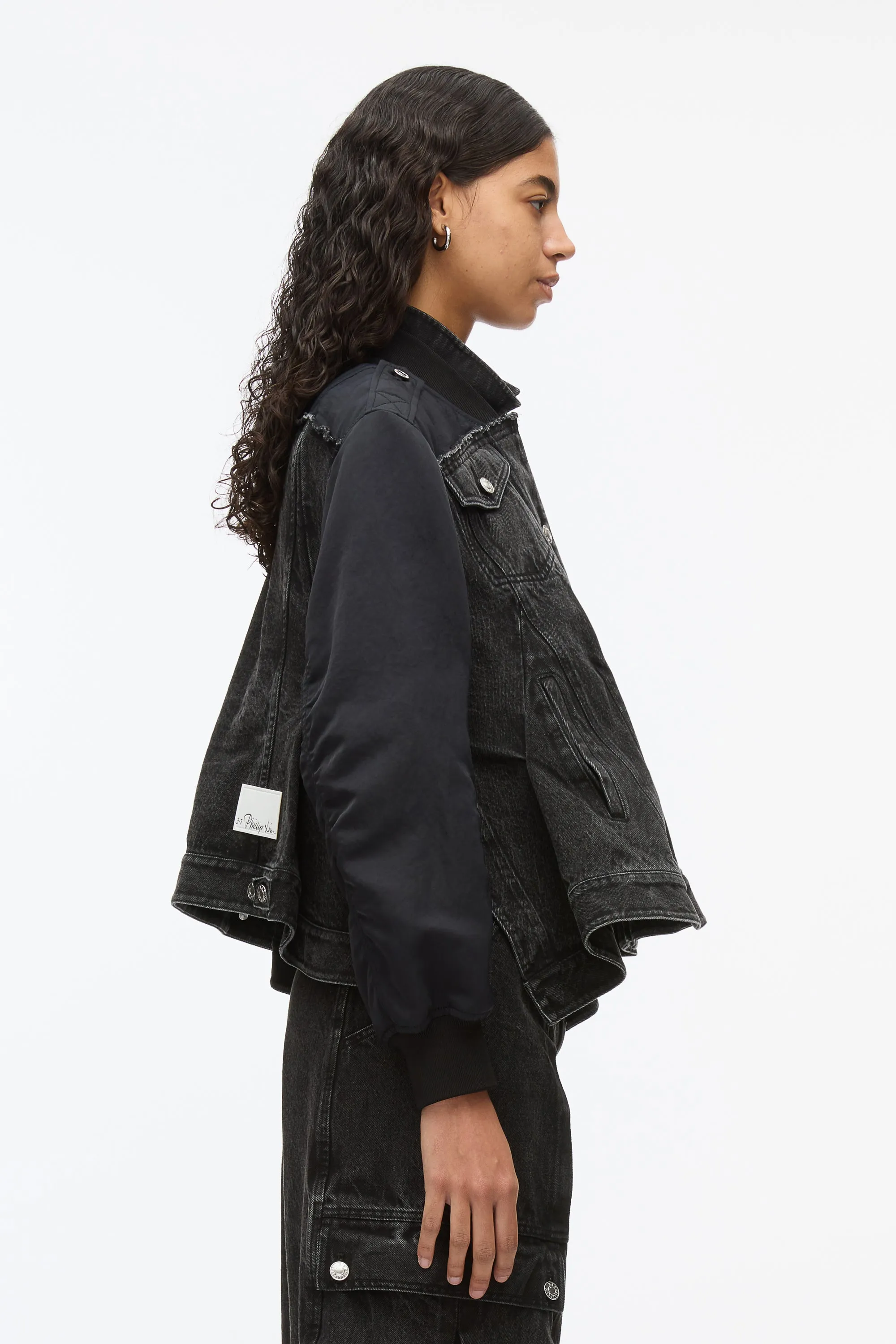 Hybrid Denim Flight Jacket With Flounce Hem