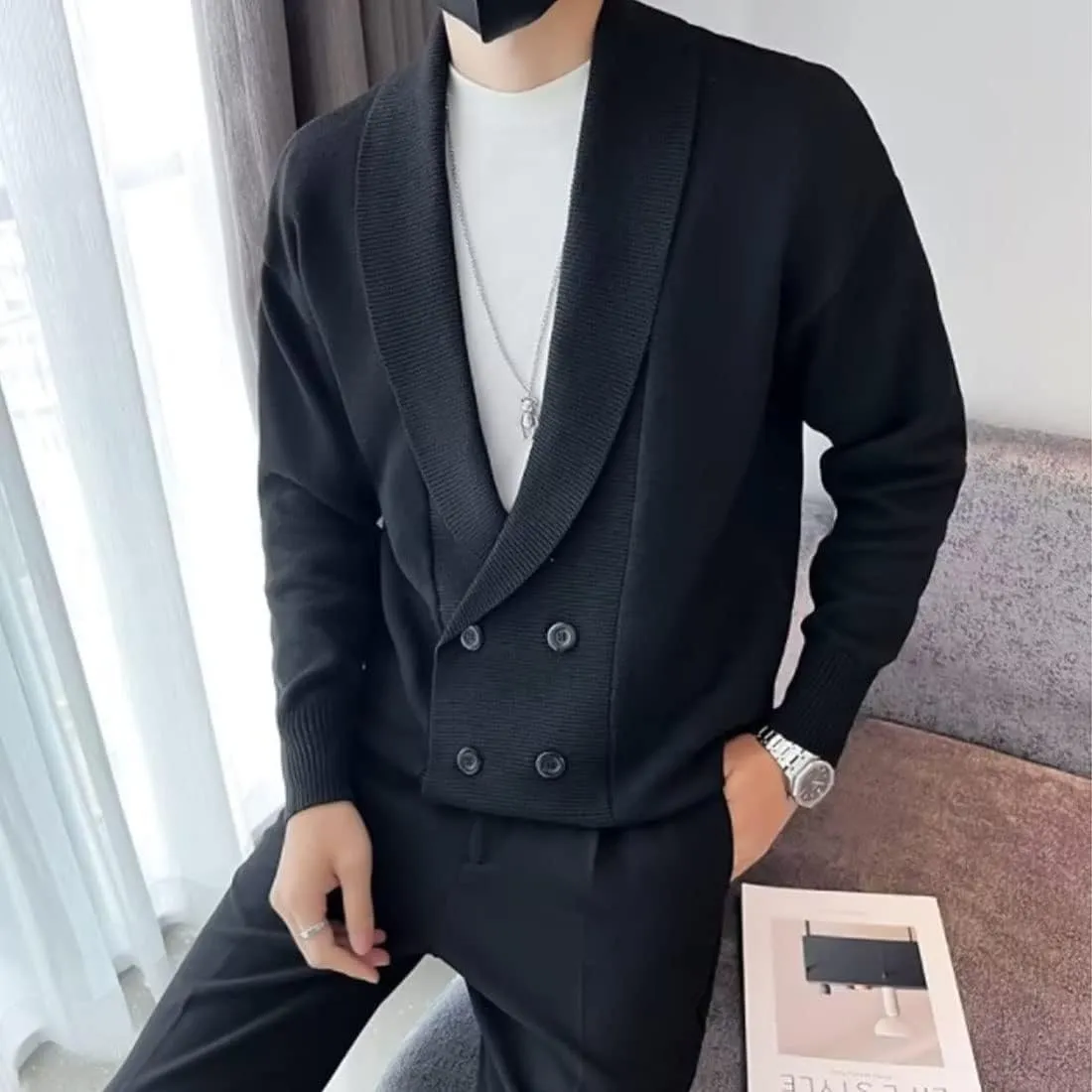 HZCX FASHION Men Shawl Collar Double Breasted Cardigan Sweater Knit Jacket Blazer