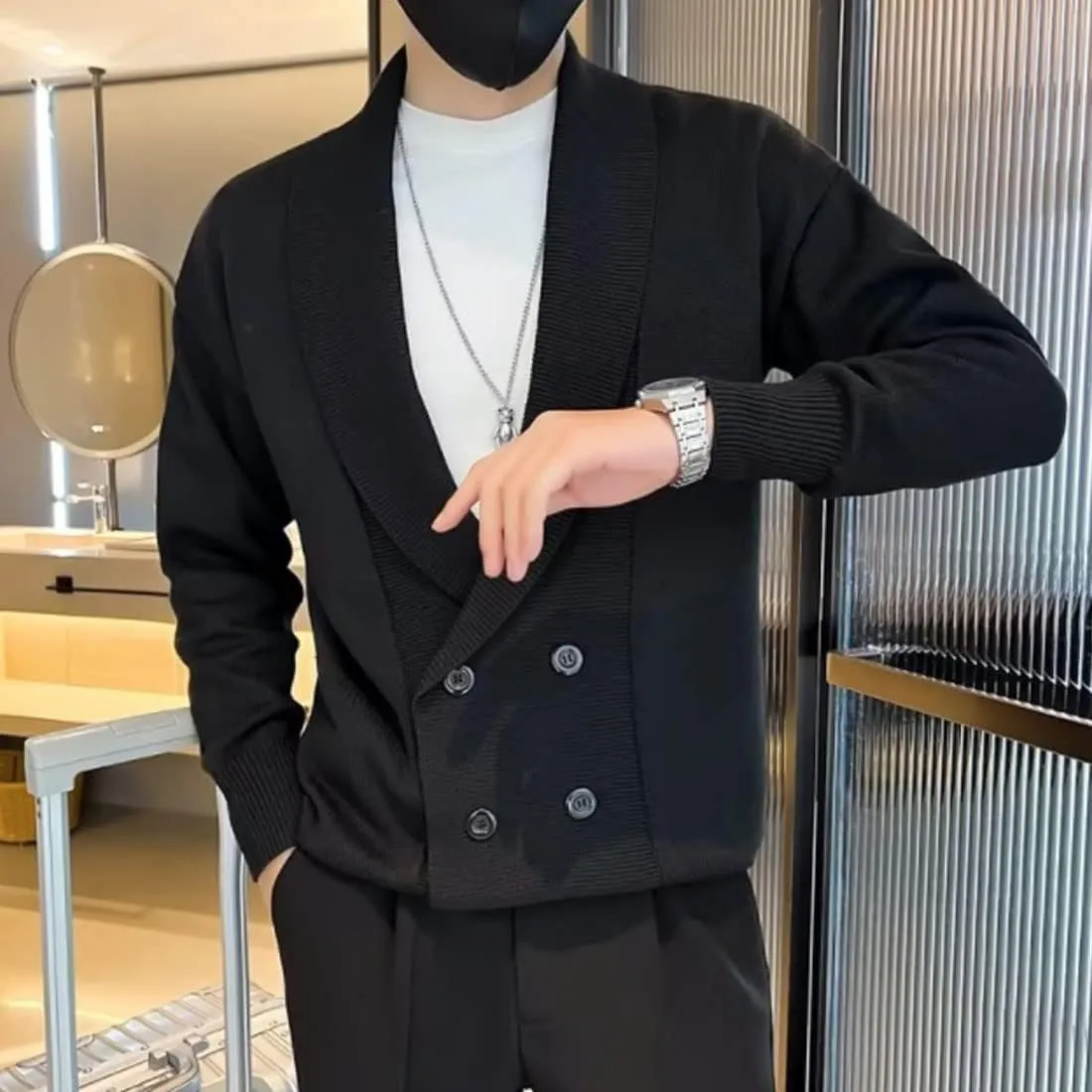HZCX FASHION Men Shawl Collar Double Breasted Cardigan Sweater Knit Jacket Blazer