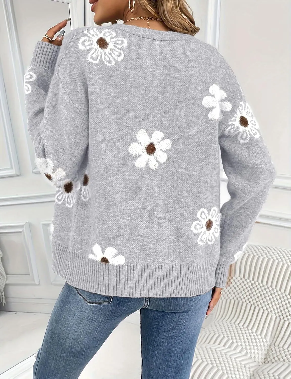 IDEALSANXUN Womens Daisy Sweater Cardigan Fall Winter Button Down Flower Floral Sweaters