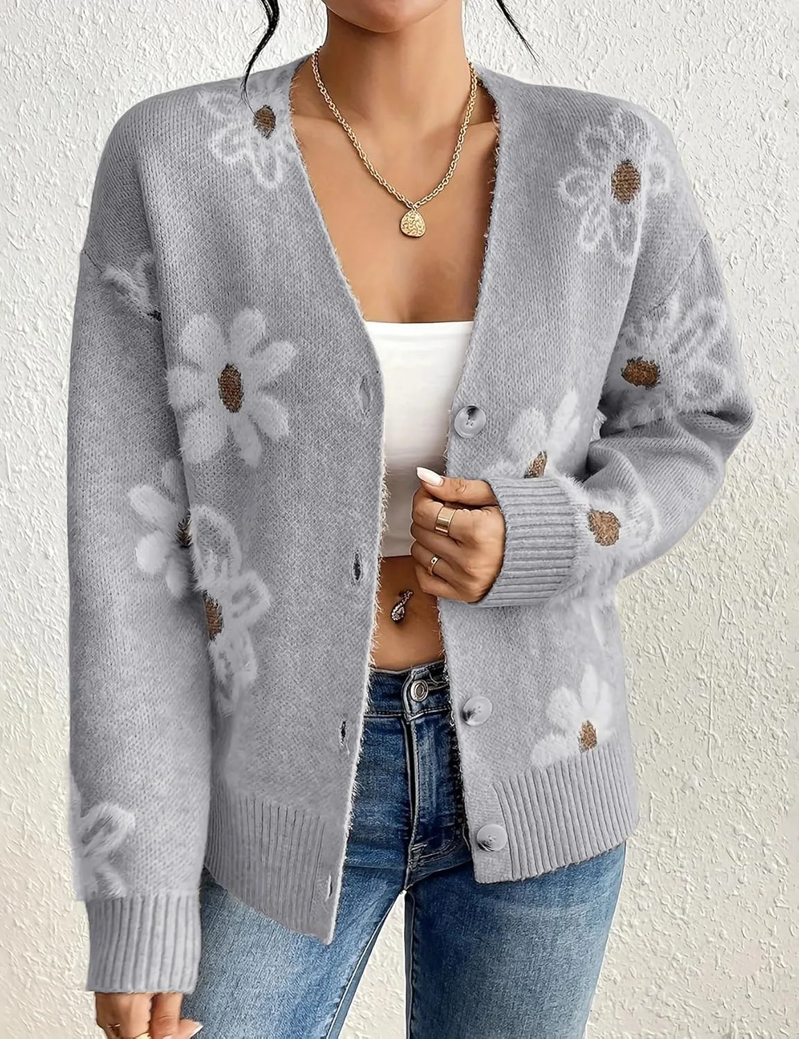 IDEALSANXUN Womens Daisy Sweater Cardigan Fall Winter Button Down Flower Floral Sweaters