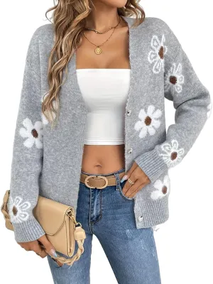 IDEALSANXUN Womens Daisy Sweater Cardigan Fall Winter Button Down Flower Floral Sweaters
