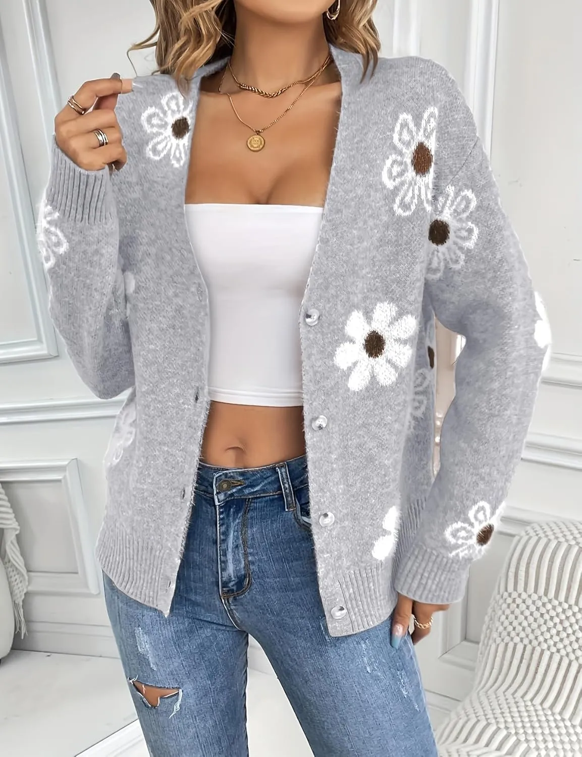 IDEALSANXUN Womens Daisy Sweater Cardigan Fall Winter Button Down Flower Floral Sweaters