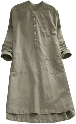 iQKA Women Plus Size Cotton Linen Button Down Shirt Dress Long Sleeve Casual Loose Pockets Mini Tunic Dress