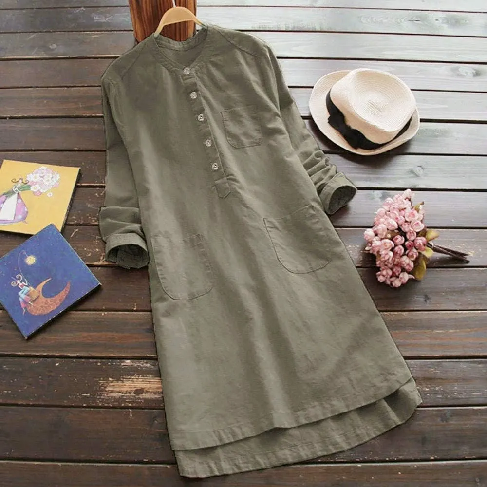 iQKA Women Plus Size Cotton Linen Button Down Shirt Dress Long Sleeve Casual Loose Pockets Mini Tunic Dress