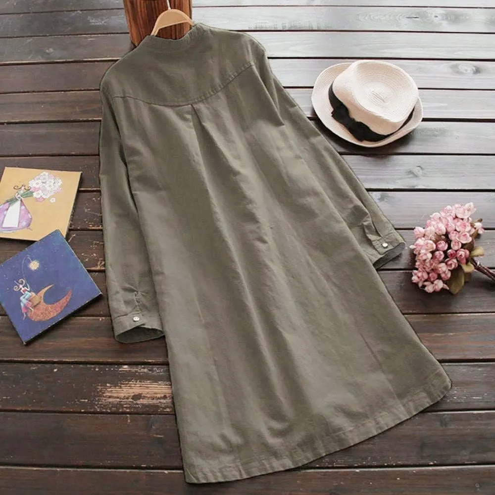iQKA Women Plus Size Cotton Linen Button Down Shirt Dress Long Sleeve Casual Loose Pockets Mini Tunic Dress