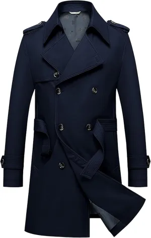 JEKE-DG Men's Double Breasted Trenchcoat Slim Fit Mid Long Trench Coat Winter Warm Long Windbreaker with Belt