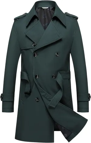 JEKE-DG Men's Double Breasted Trenchcoat Slim Fit Mid Long Trench Coat Winter Warm Long Windbreaker with Belt