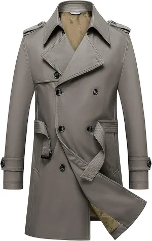 JEKE-DG Men's Double Breasted Trenchcoat Slim Fit Mid Long Trench Coat Winter Warm Long Windbreaker with Belt