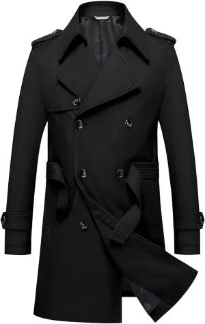 JEKE-DG Men's Double Breasted Trenchcoat Slim Fit Mid Long Trench Coat Winter Warm Long Windbreaker with Belt