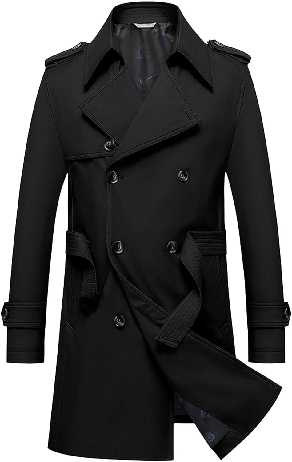 JEKE-DG Men's Double Breasted Trenchcoat Slim Fit Mid Long Trench Coat Winter Warm Long Windbreaker with Belt