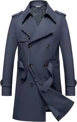 JEKE-DG Men's Double Breasted Trenchcoat Slim Fit Mid Long Trench Coat Winter Warm Long Windbreaker with Belt