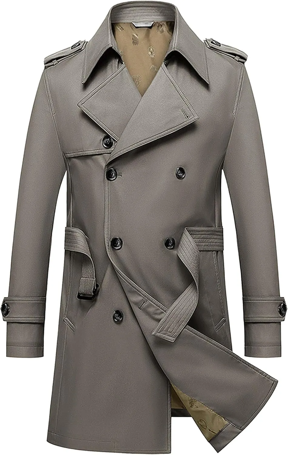 JEKE-DG Men's Double Breasted Trenchcoat Slim Fit Mid Long Trench Coat Winter Warm Long Windbreaker with Belt