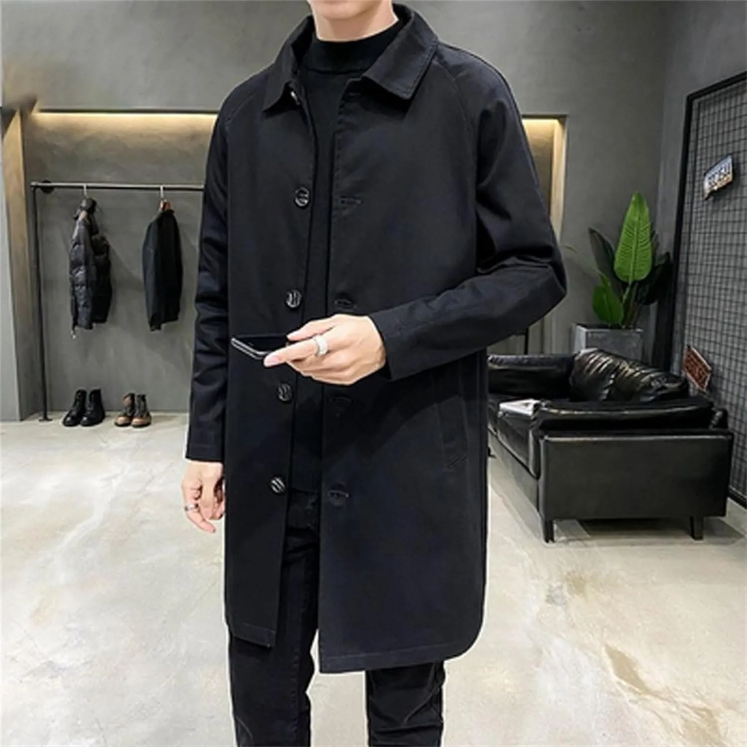 JEKE-DG Mens Single-Breasted Trench Coat Casual Lapel Lightweight Windproof Coat Long Loose Pea Overcoat