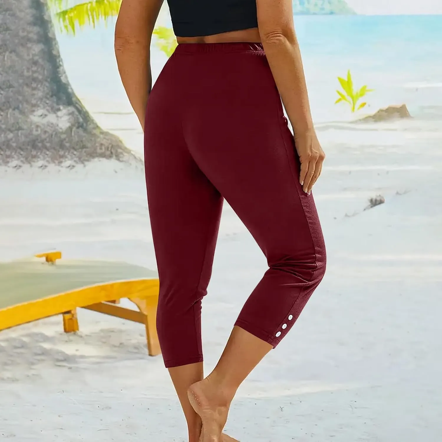 JIEMUXIU High Waisted Capri Leggings for Women - Casual Summer Button Capris Soft Slim Yoga Pants for Running Cycling Workout
