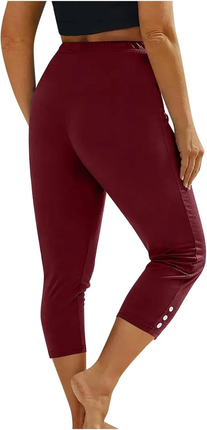JIEMUXIU High Waisted Capri Leggings for Women - Casual Summer Button Capris Soft Slim Yoga Pants for Running Cycling Workout