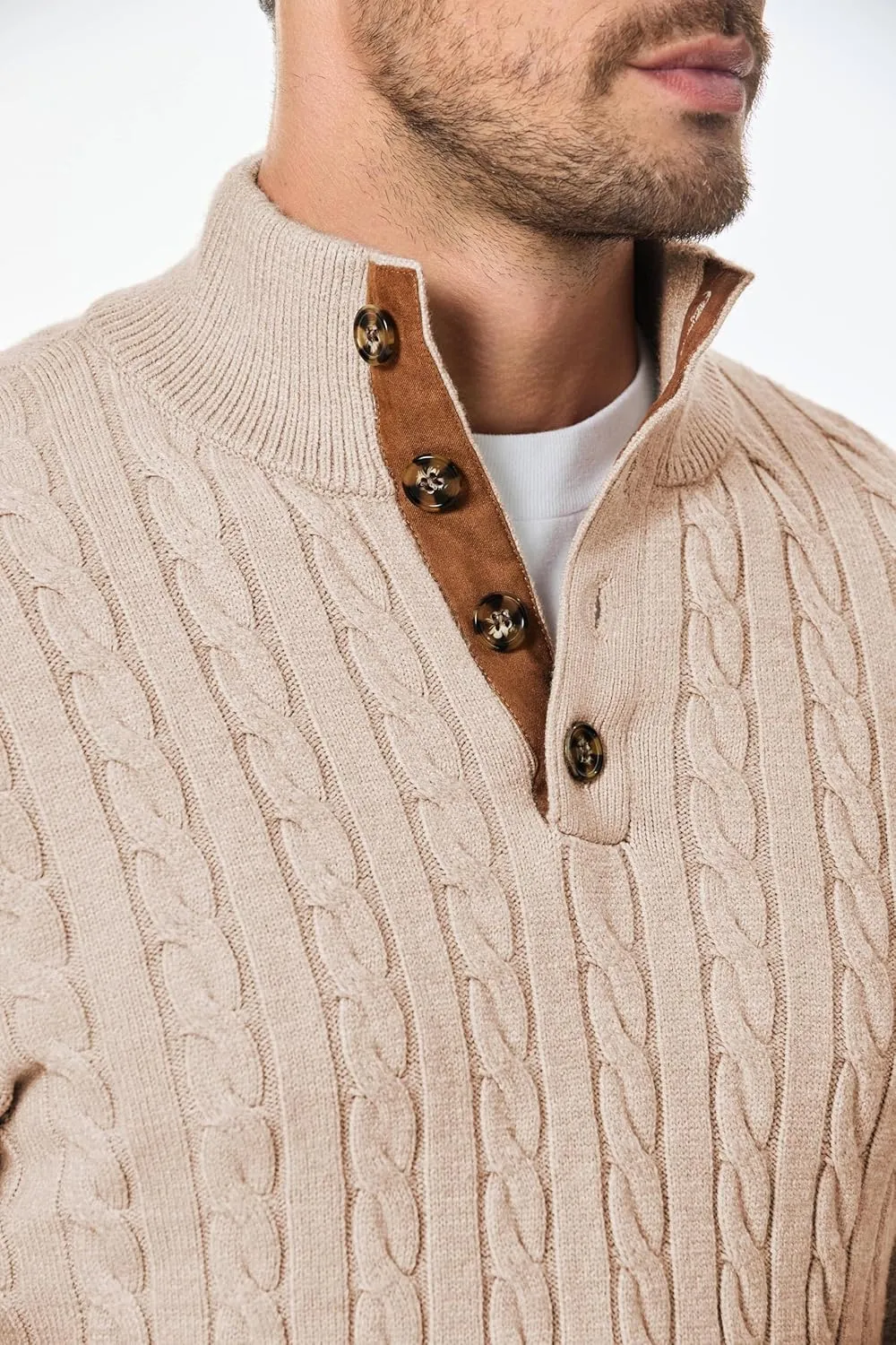 JMIERR Men's Cable Knit Pullover Sweater Casual Long Sleeve Stand Collar Button Knitted Sweaters