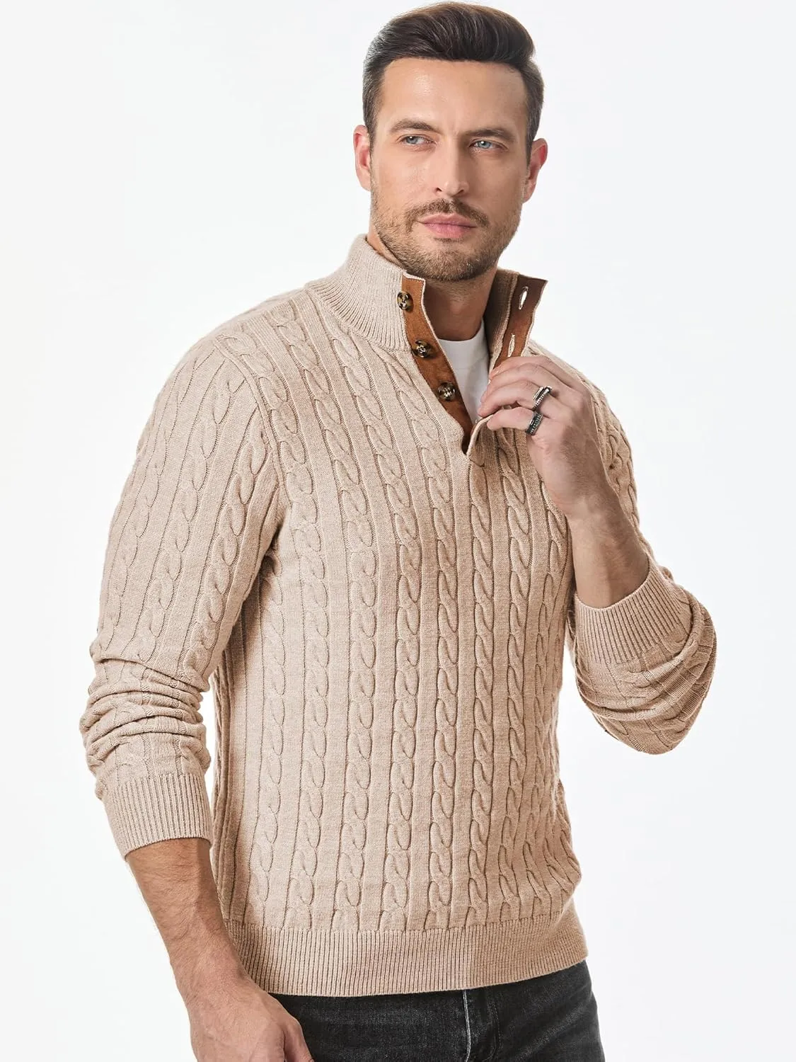 JMIERR Men's Cable Knit Pullover Sweater Casual Long Sleeve Stand Collar Button Knitted Sweaters