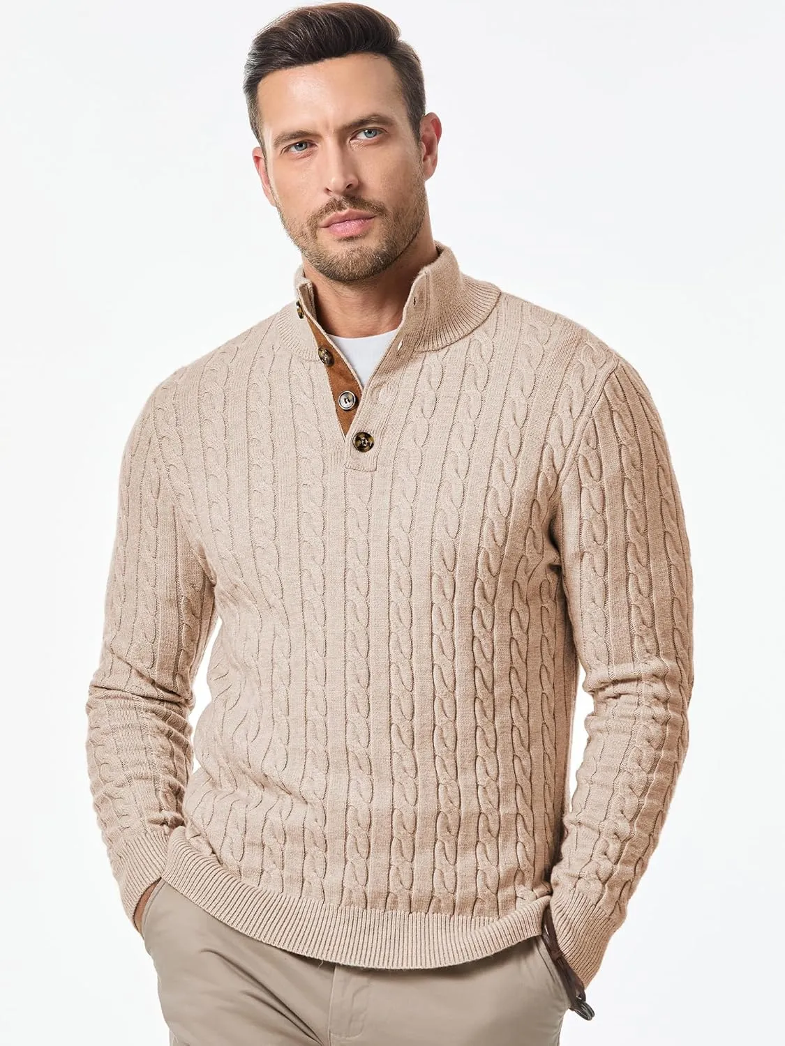JMIERR Men's Cable Knit Pullover Sweater Casual Long Sleeve Stand Collar Button Knitted Sweaters