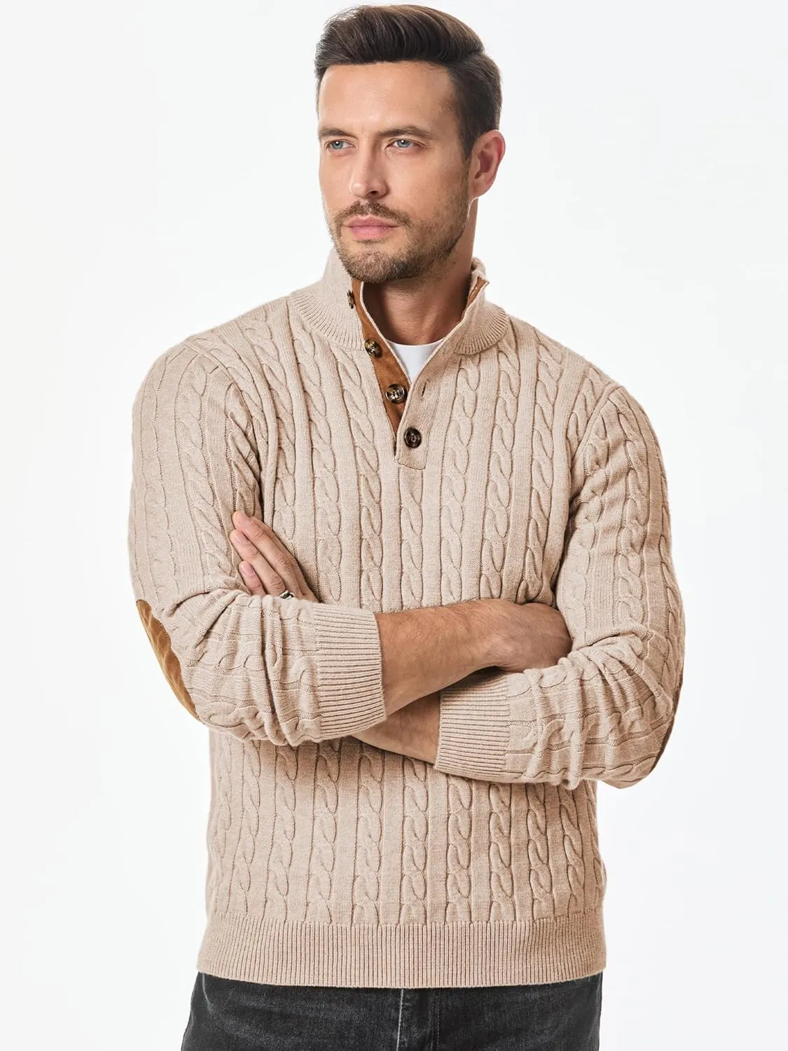 JMIERR Men's Cable Knit Pullover Sweater Casual Long Sleeve Stand Collar Button Knitted Sweaters