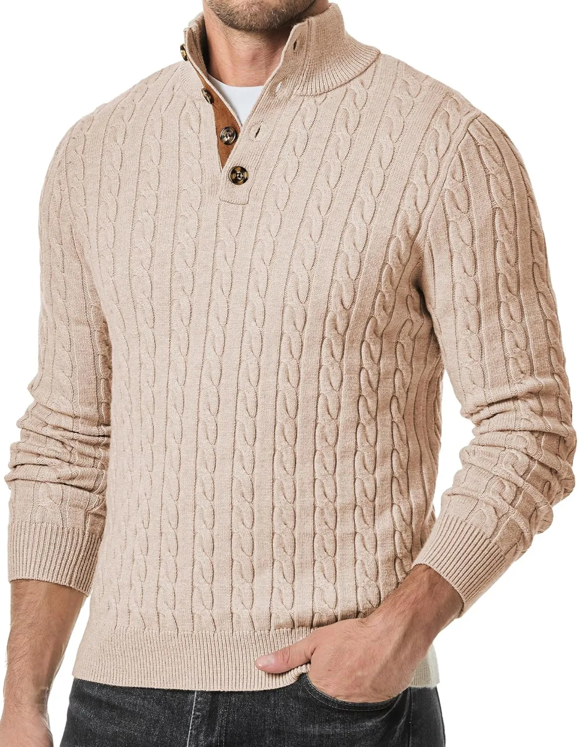 JMIERR Men's Cable Knit Pullover Sweater Casual Long Sleeve Stand Collar Button Knitted Sweaters