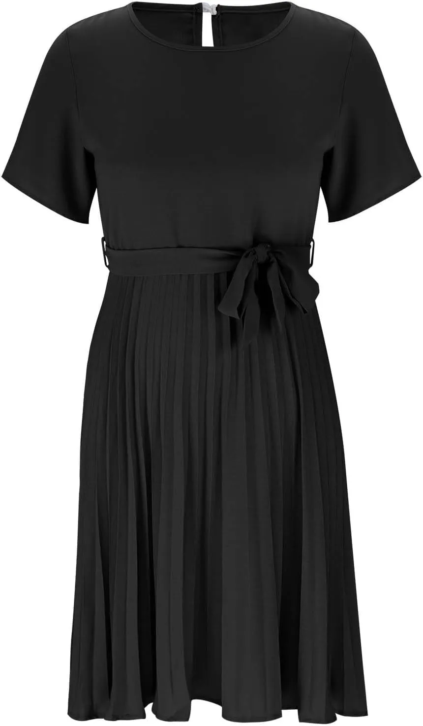 JOAU 2025 Women's Short Sleeve Summer Dress Casual Pleated Loose Crew Neck Keyhole Back A-Line Swing Midi Dresses with Belt