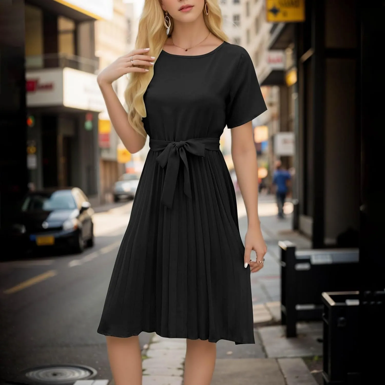 JOAU 2025 Women's Short Sleeve Summer Dress Casual Pleated Loose Crew Neck Keyhole Back A-Line Swing Midi Dresses with Belt