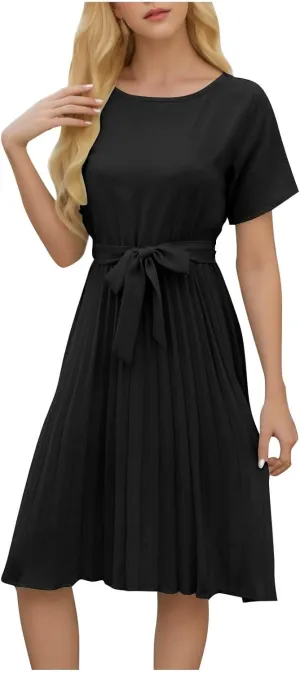 JOAU 2025 Women's Short Sleeve Summer Dress Casual Pleated Loose Crew Neck Keyhole Back A-Line Swing Midi Dresses with Belt