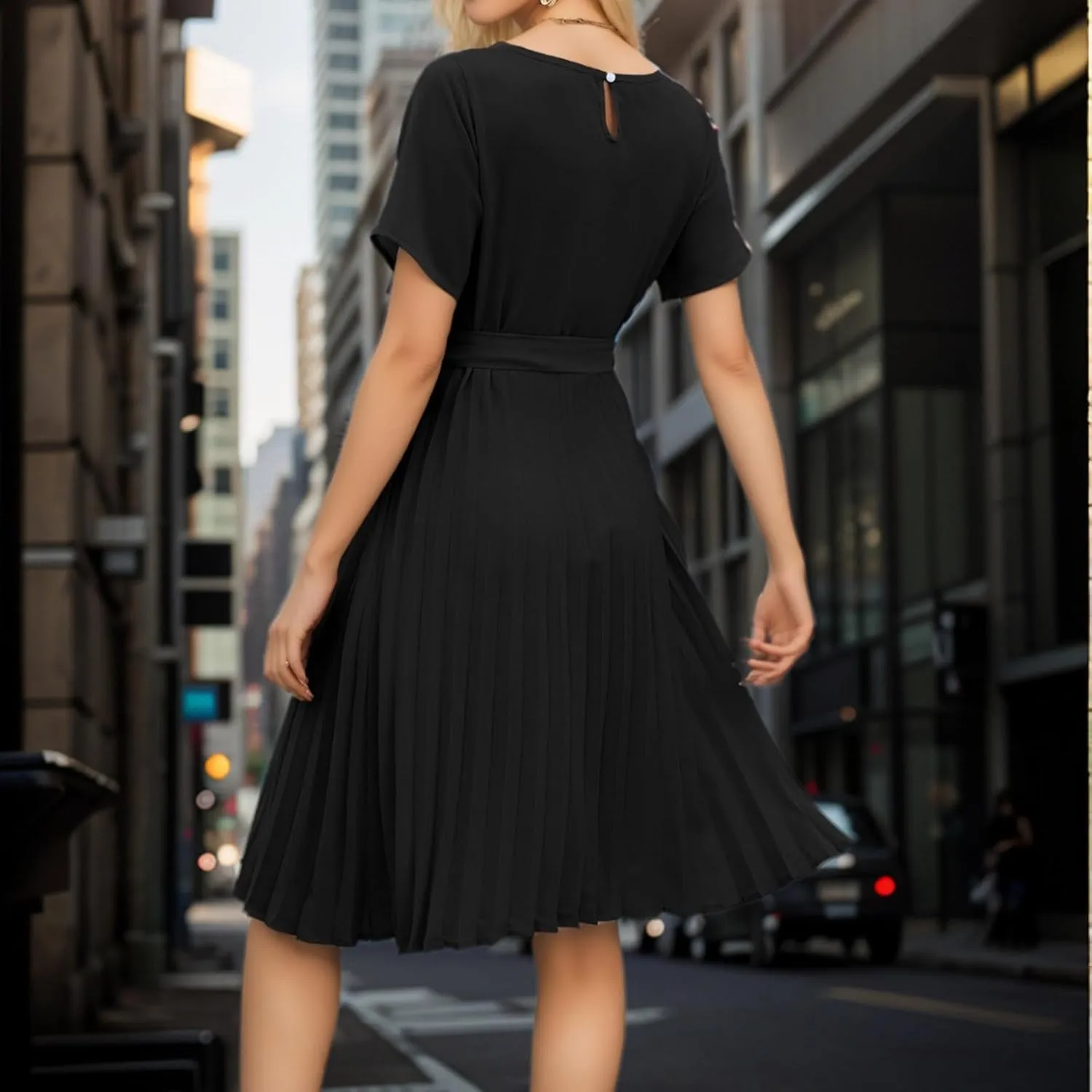 JOAU 2025 Women's Short Sleeve Summer Dress Casual Pleated Loose Crew Neck Keyhole Back A-Line Swing Midi Dresses with Belt