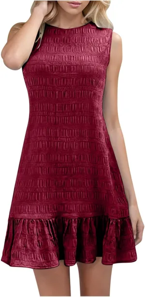 JOAU Summer Dresses for Women 2025 Casual Sleeveless Round Neck Tank Mini Short Dress A-Line Pleated Ruffle Ruched Sundress