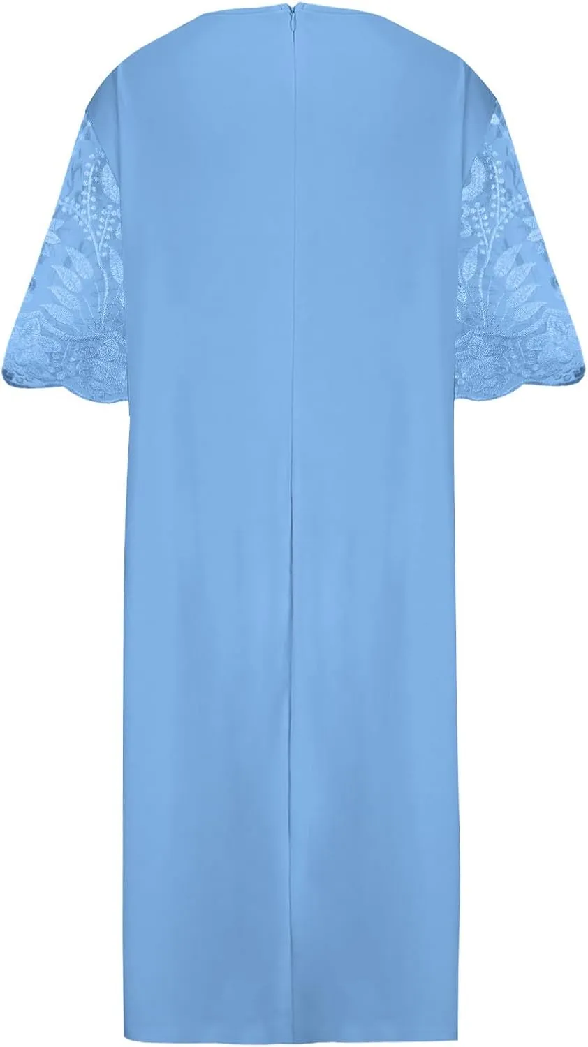 JOAU Women Plus Size Lace Embroidery Patchwork Half Sleeve Midi Dress Cocktail Evening Party Elegant Crew Neck Zip Dresses