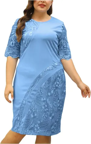 JOAU Women Plus Size Lace Embroidery Patchwork Half Sleeve Midi Dress Cocktail Evening Party Elegant Crew Neck Zip Dresses