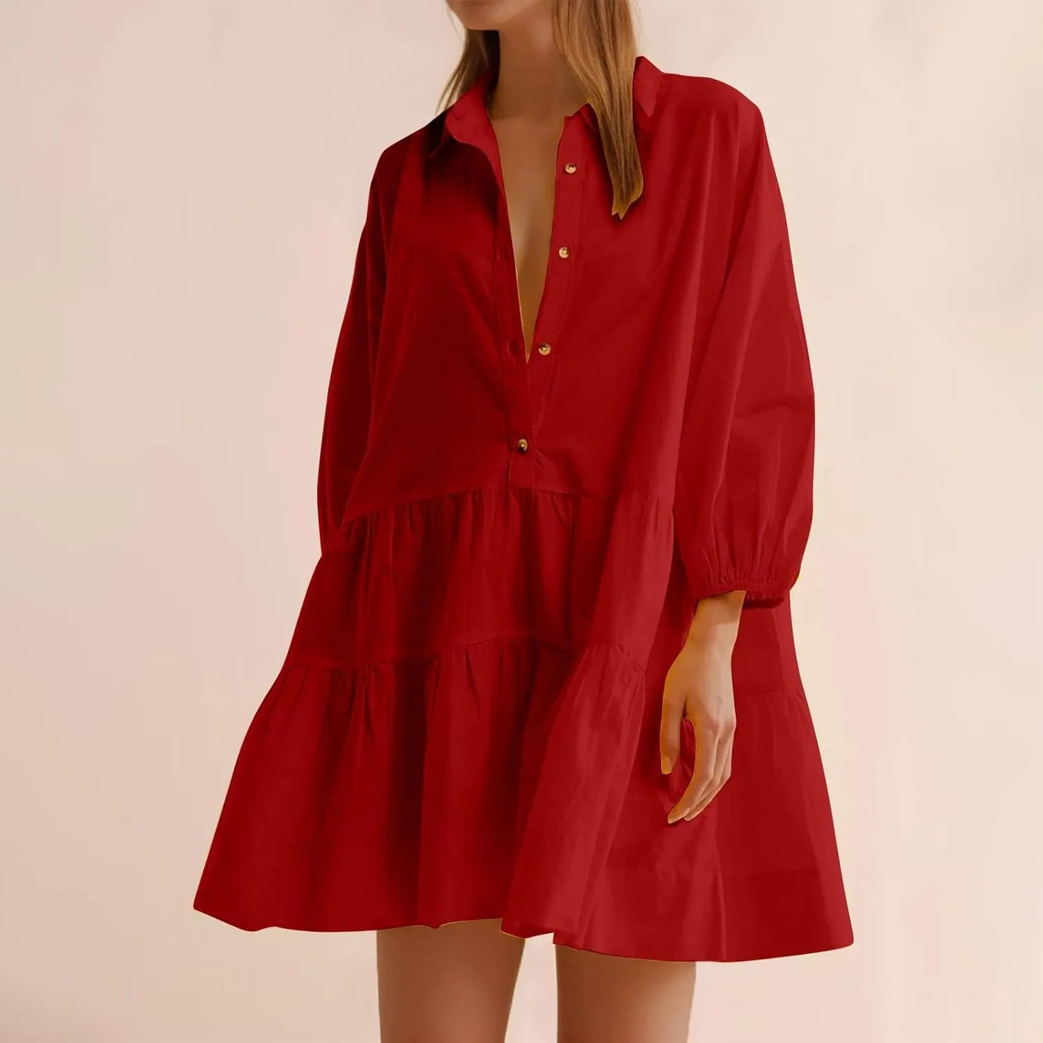 JOAU Women's Cute Summer Babydoll Shirt Mini Dress Puff Sleeve Flowy Tiered Ruffle Swing A-Line Collared Button Shirt Dress