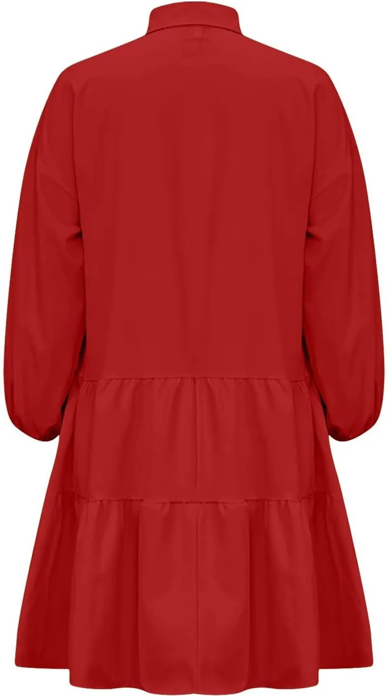 JOAU Women's Cute Summer Babydoll Shirt Mini Dress Puff Sleeve Flowy Tiered Ruffle Swing A-Line Collared Button Shirt Dress