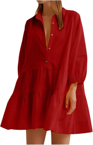 JOAU Women's Cute Summer Babydoll Shirt Mini Dress Puff Sleeve Flowy Tiered Ruffle Swing A-Line Collared Button Shirt Dress