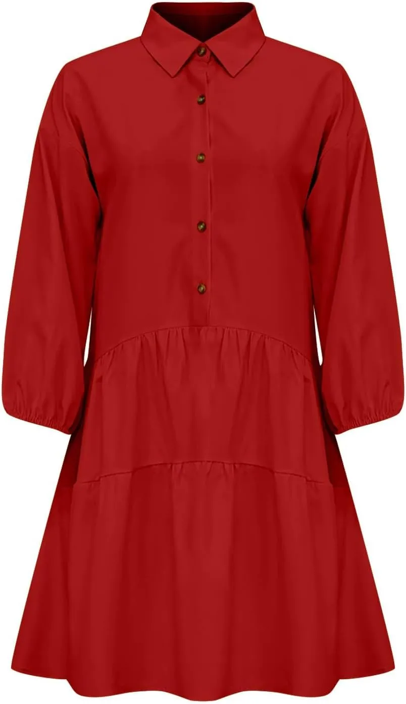 JOAU Women's Cute Summer Babydoll Shirt Mini Dress Puff Sleeve Flowy Tiered Ruffle Swing A-Line Collared Button Shirt Dress