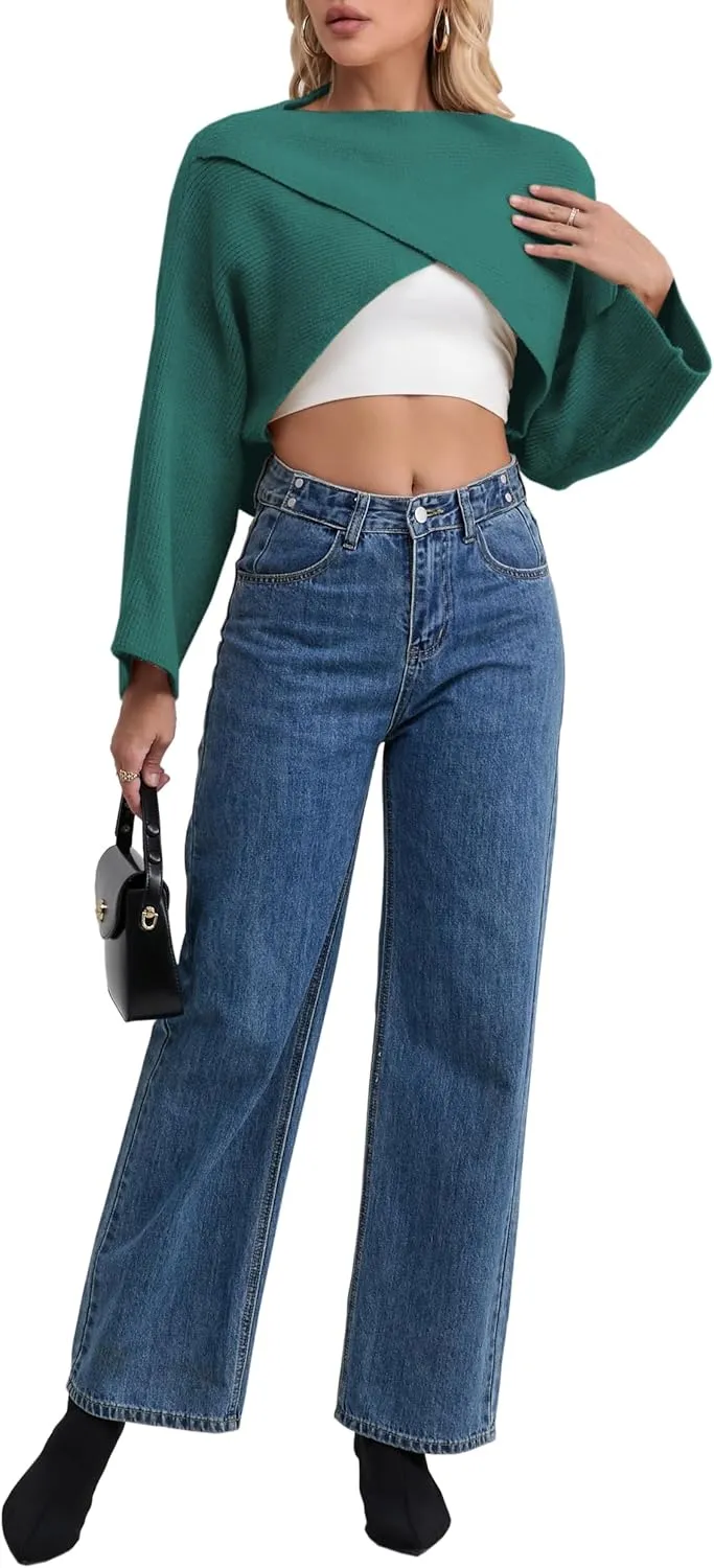 Joe Wenko Women's Boat Neck Sweater Long Sleeve Cross Wrap Asymmetrical Hem Cropped Pullover Jumper Tops