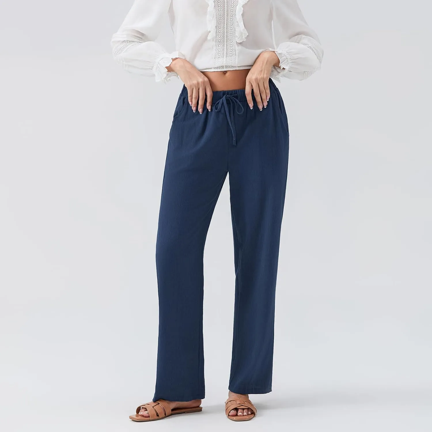 Karwuiio Women's Summer Cotton Linen Pants Casual High Waist Wide Leg Cargo Pants Loose Trousers with Pockets