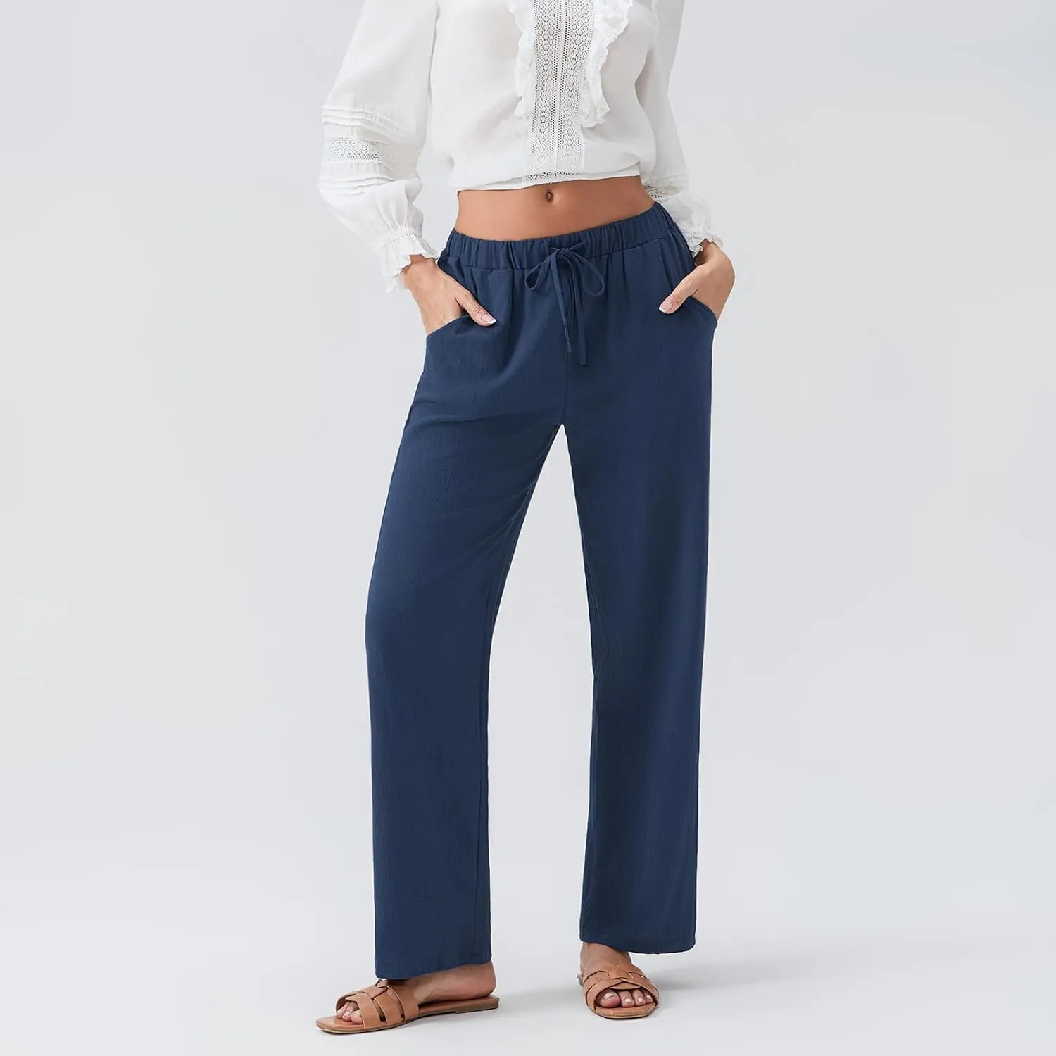 Karwuiio Women's Summer Cotton Linen Pants Casual High Waist Wide Leg Cargo Pants Loose Trousers with Pockets