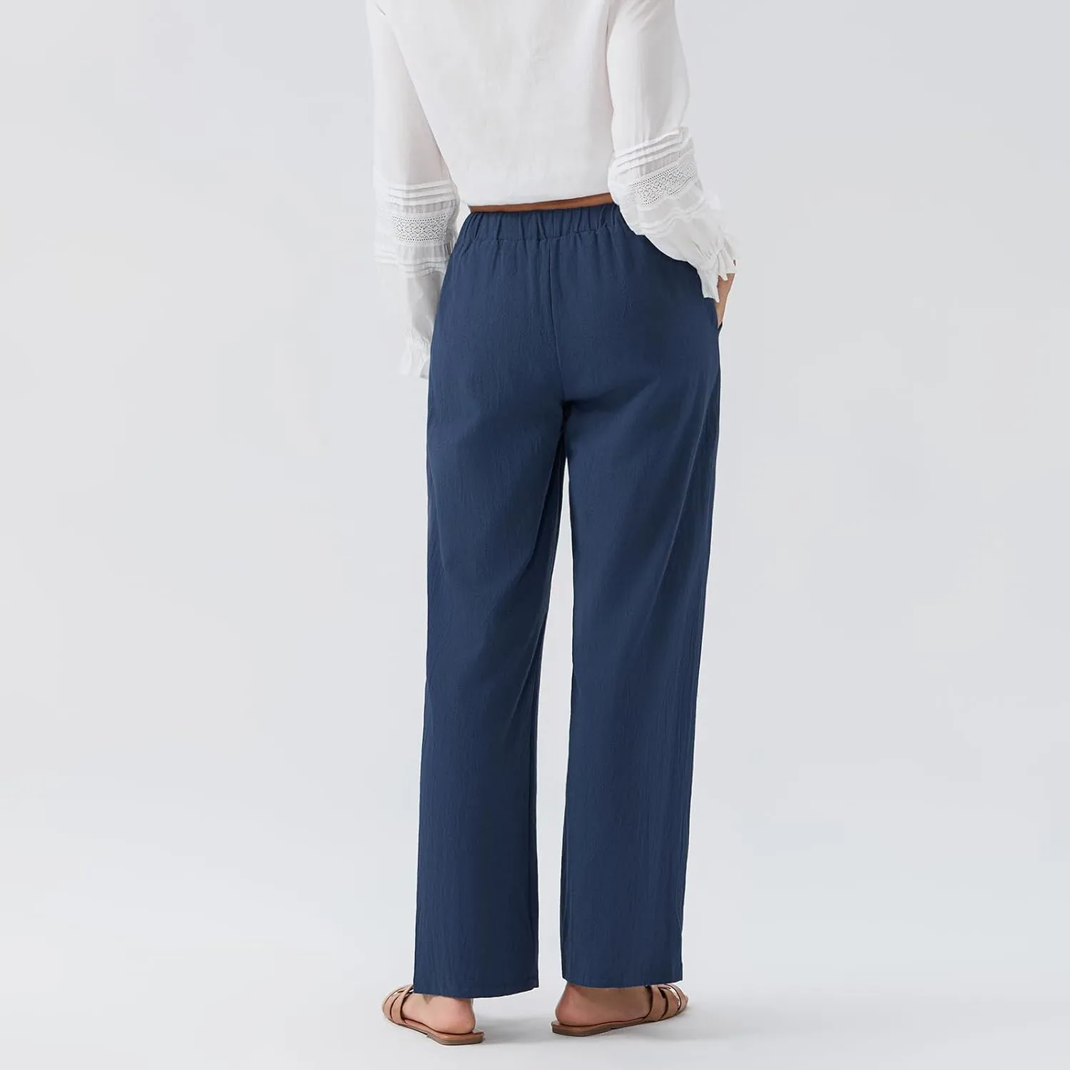 Karwuiio Women's Summer Cotton Linen Pants Casual High Waist Wide Leg Cargo Pants Loose Trousers with Pockets