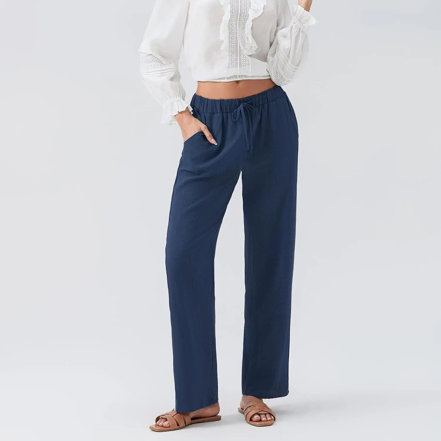 Karwuiio Women's Summer Cotton Linen Pants Casual High Waist Wide Leg Cargo Pants Loose Trousers with Pockets