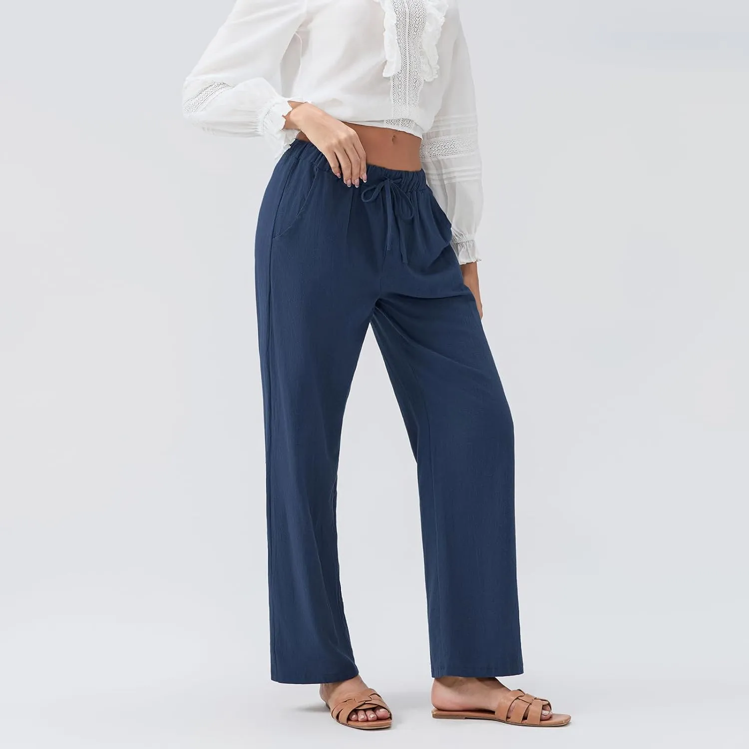 Karwuiio Women's Summer Cotton Linen Pants Casual High Waist Wide Leg Cargo Pants Loose Trousers with Pockets