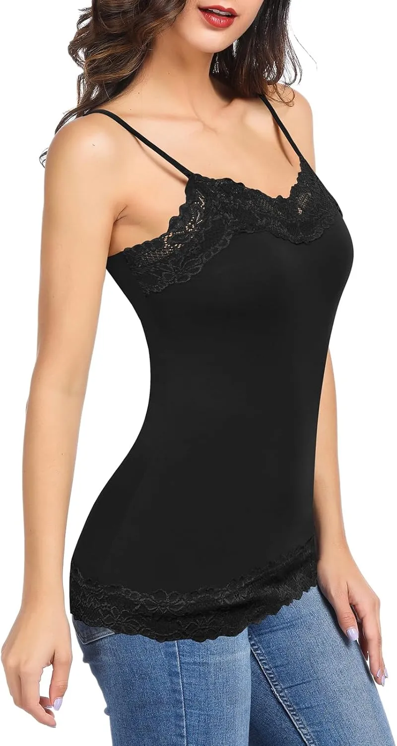 Kate Kasin Women's Adjustable Spaghetti Strap Lace Trim Cami Tunic Tank Top 2PACK
