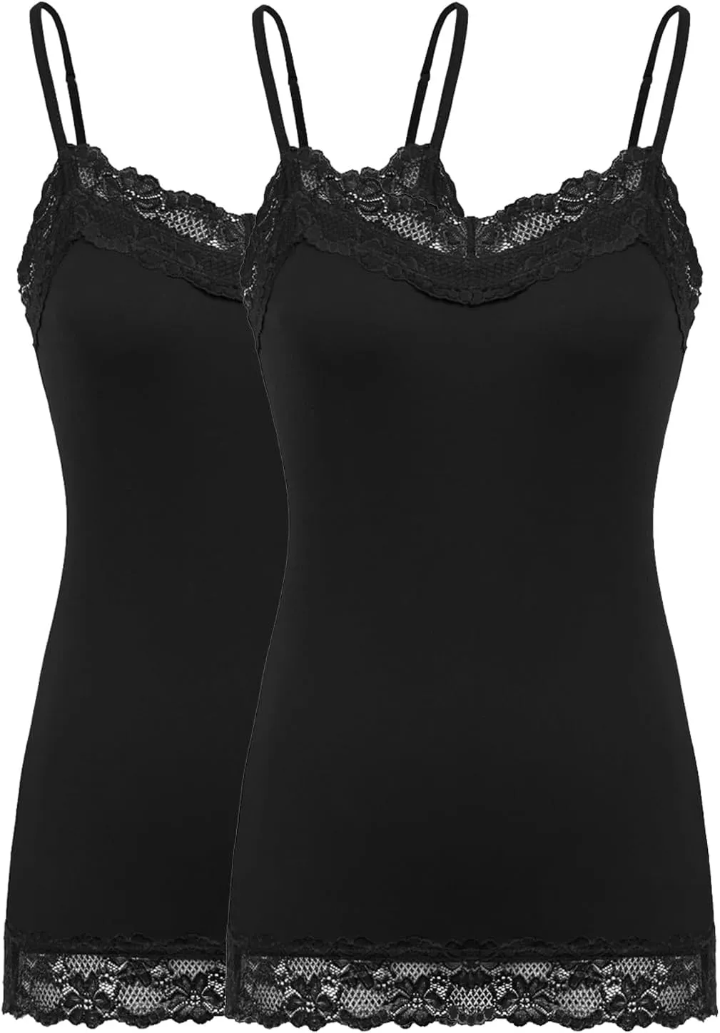 Kate Kasin Women's Adjustable Spaghetti Strap Lace Trim Cami Tunic Tank Top 2PACK