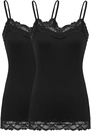 Kate Kasin Women's Adjustable Spaghetti Strap Lace Trim Cami Tunic Tank Top 2PACK